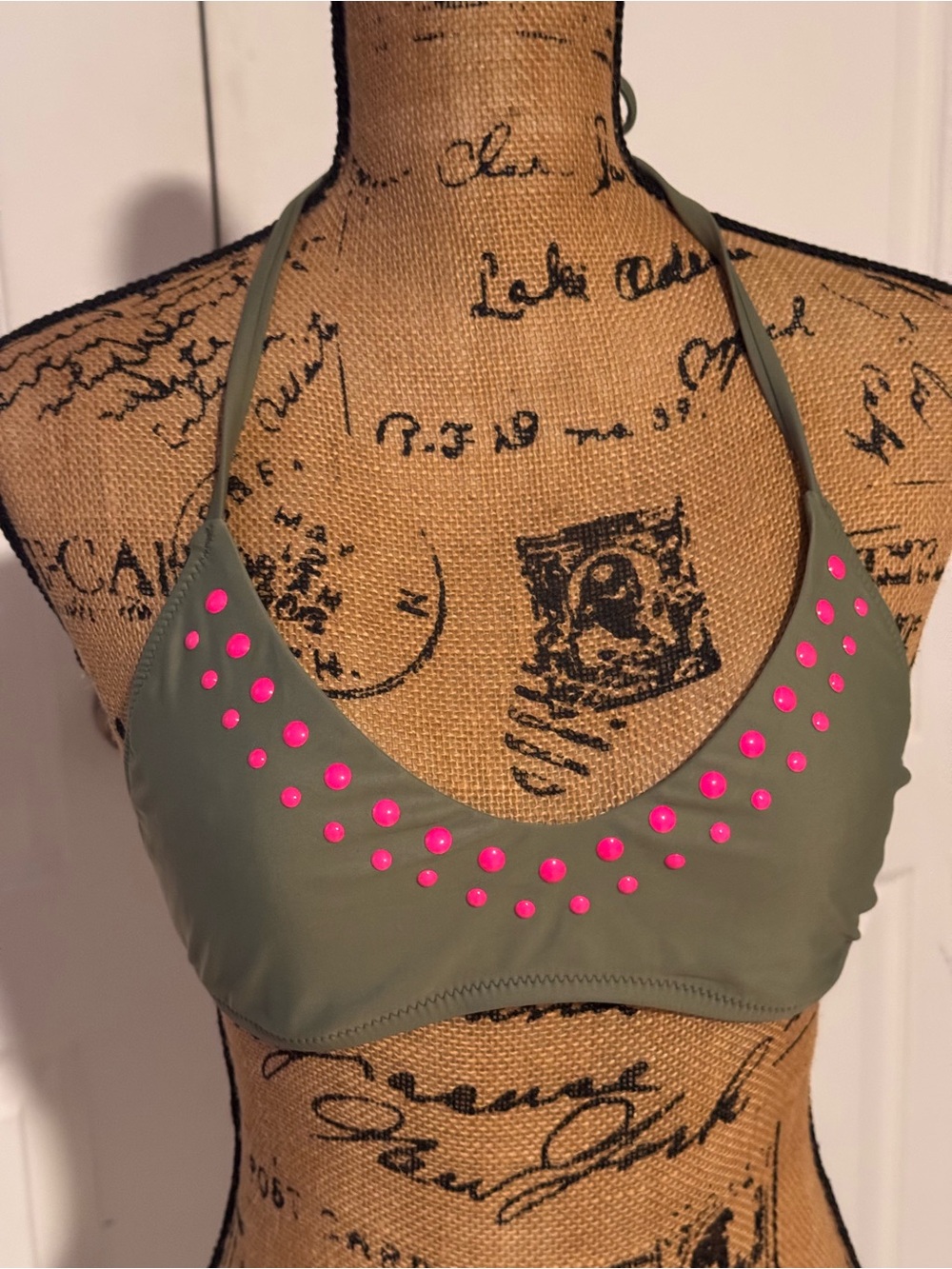 Olive Green Bikini Top with Hot Pink Stud Accents